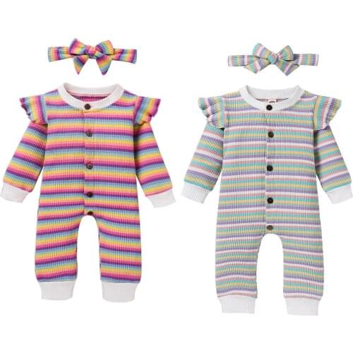Cotton Casual Rompers For Newborn Baby Girls Autumn Rompers Lovely Colorful Outfits Long Sleeve Ruffle Jumpsuit+Headband 2Pcs