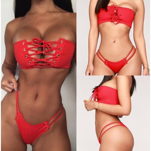 2019 Red Bikini Brazillian Swimsuit Bandage Front High Waist Women Bikini Set Sexy Off Shoulder Swimwear Female Swimming Biquini