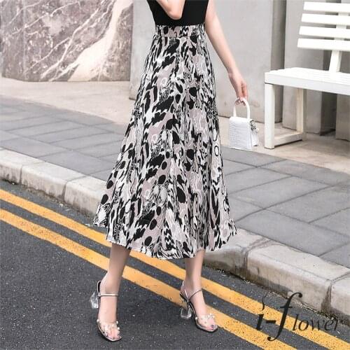 2021 Long Skirts Womens Elegant Fashion Elastic High Waist Skirt A-line Floral Chiffon Large Swing Umbrella Midi Skirt Jupe