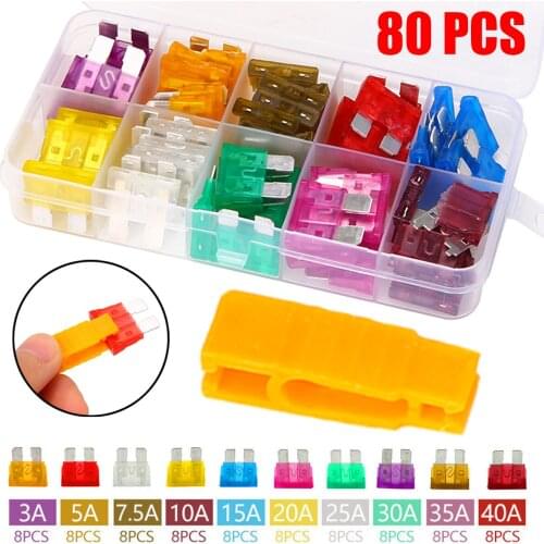 80pcs 12V Standard Blade Car Fuses Fuse Assorted Set Assortment Set Auto Car Truck 3A 5A 7.5A 10A 15A 20A 25A 30A 35A 40A