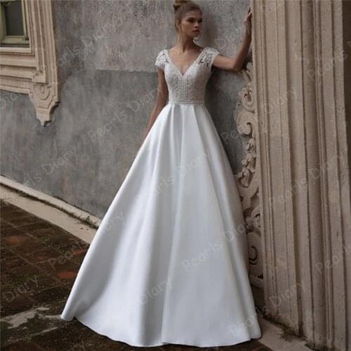 Satin Deep V-neck Boho Wedding Dresses 2021 New Arrival Cap Sleeves Sweep Train A Line Beach Bride Bridal Gowns Robe de Mariee