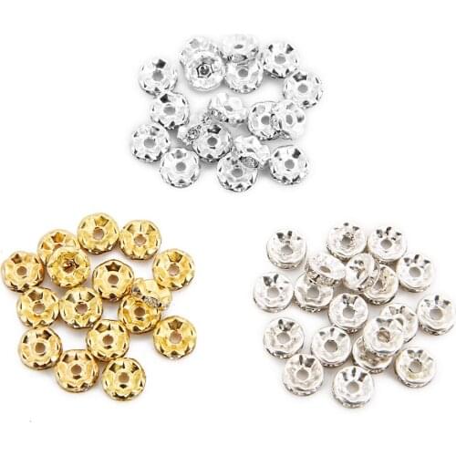 50pcs/lot 4 6 8 10 12mm Gold Color Rhinestone Rondelles Crystal Bead Loose Spacer Beads for DIY Jewelry Making Accessories