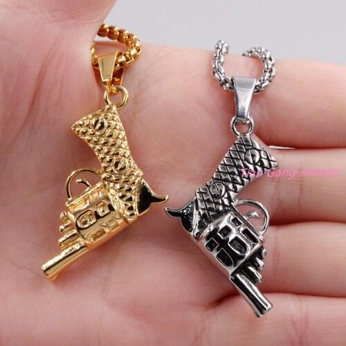 American Style Hip Hop Chain Men Women Pendant Necklace Silver Color Gold Color Stainless Steel Vintage 3D Roscoe Gun Necklace