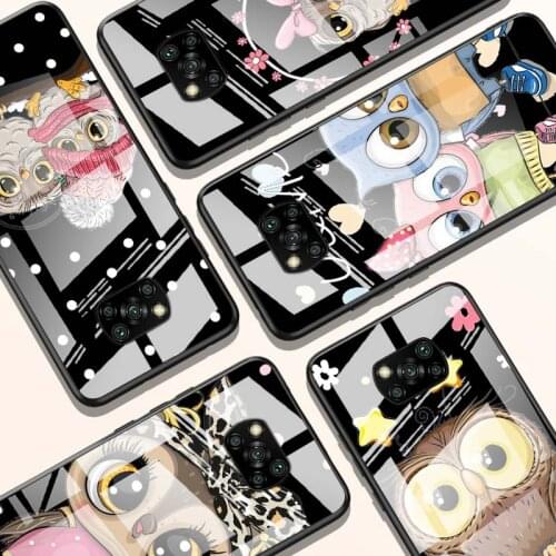 Lovely Animal Owl for Xiaomi POCO X3 NFC F3 M2 X2 F2 Redmi K30 Redmi Note 9 Pro Luxury Tempered Glass Phone Case Cover