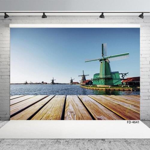 Photography Backdrop Windmill Wooden Plank Vinyl Cloth Scenery Backgrounds for Baby Children Portrait Photoshoot Photo Studio