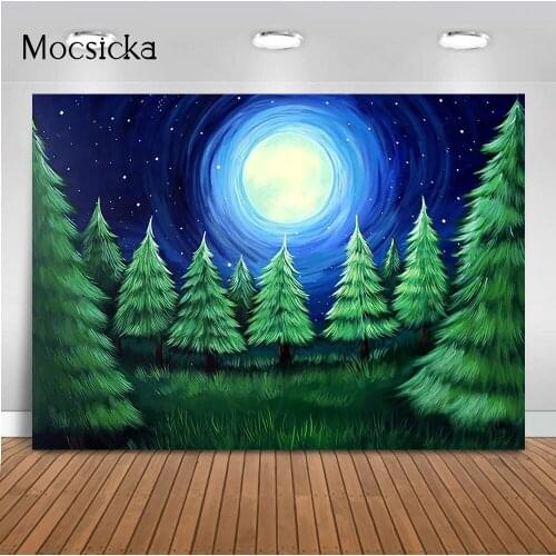 Photography Backdrop forest full moon night oil painting kids portrait photo shoot pine green background for photo studio prop