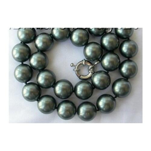 Hot sell ->stunning big 14mm round Tahiti black south sea shell pearl necklace