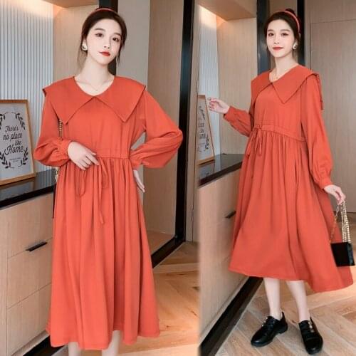 9393# Maternity Clothes Spring Autumn Cotton Long Sleeves Solid Color Turn Down Collar Loose Stylish Dress for Pregnant Women