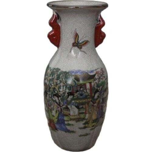 Chinese old porcelain Crack Glazed Ancient 12 Beauties Painting Bilateral ears Vase