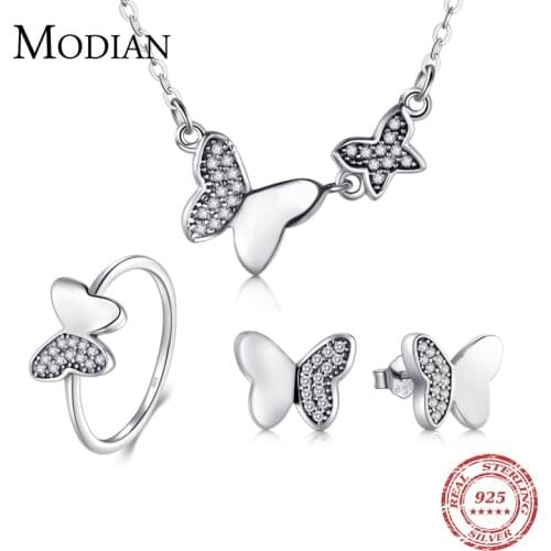 Modian 100% Real 925 Sterling Silver Butterfly Jewelry Sets Classic Simple With 5A CZ Ring Vintage Pendant Necklace For Women