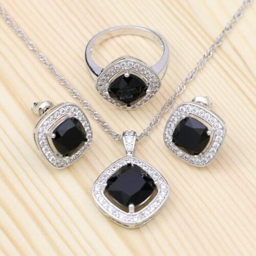 Silver 925 Punk Jewelry Sets For Women Party Accessories Black Stones White Crystal Stud Earring Necklace Pendant Ring Set