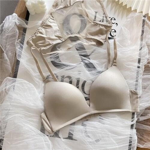 Simple solid color thin triangle cup bra set no steel ring big breasts white underwear comfortable seamless glossy lingerie set