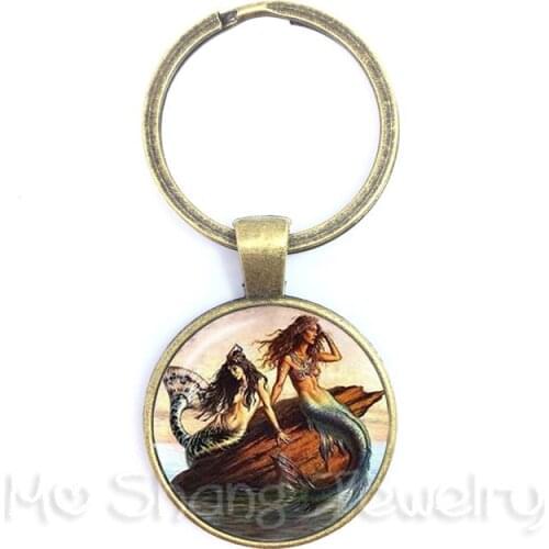 Round Glass Cabochon 25mm Little Mermaid Keychain Fantasy Sea Fairytales Mythology Glass Art Picture Keyholder