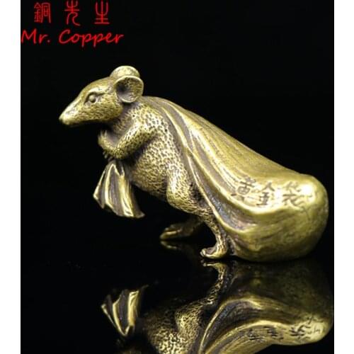 Copper Big Mouse Figurines Miniatures Chinese Feng Shui Ornament Desktop Decoration Craft Retro Animal Rat Pull Money Bag Statue