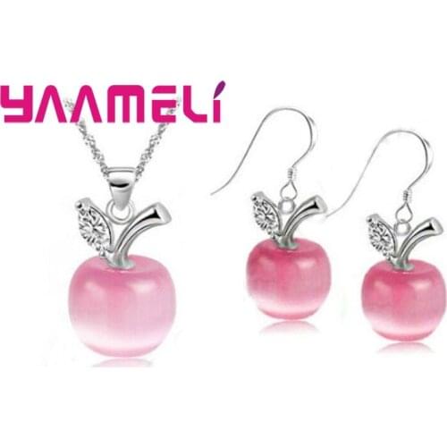 Lovely 925 Sterling Silver Jewelry Sets CatS Eye Stone CZ Crystal Pendant Necklace Hook Earrings Gifts for Women Girl