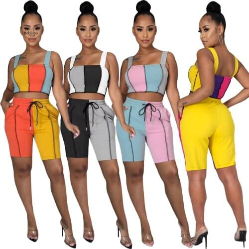 Fashion Women Stripe Sportswear Sport Top and Shorts Summer Casual Running Vest Drawstring Hot Pants 2 Piece Set Womens suit