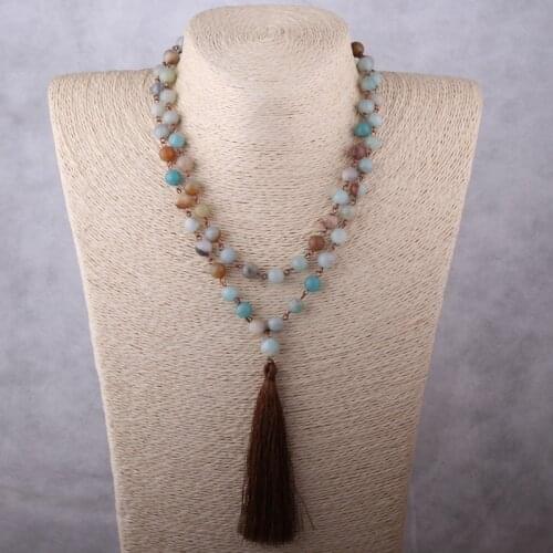 Fashion Amazonite Stones Rosary Chain Long Tassel Necklace Handmade Women Natural Stone Bead Necklace
