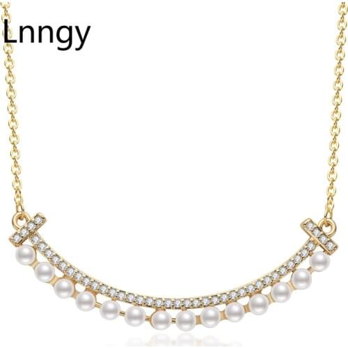 Lnngy 14K Gold Filled Yellow Chain Necklace 2-3mm Natural Freshwater Pearl Infinity Smile Collar Necklace Engagement Jewelry