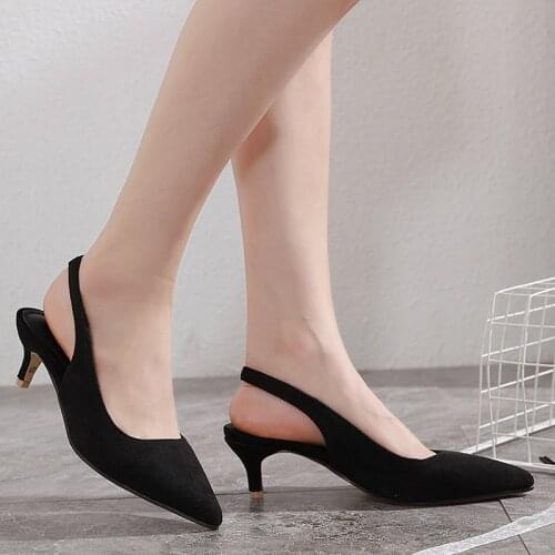Women Slingback Sandals Kitten Low Heels Shoes Summer Ladies Pointy Toe Flipflops Flock Slippers Femme Chaussure Dress Sandalias