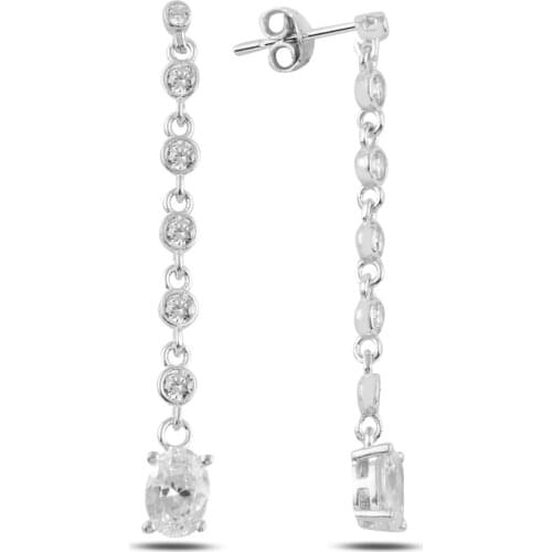 Silver 925 Sterling Oval Zircon Stone Dangle Studded Earrings