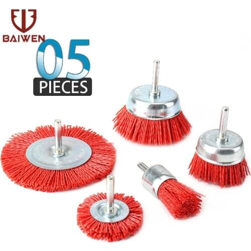 5Pcs Set Nylon Cup Brush Abrasive Wire Wheel Brush For Drill Rotary Tool Wood Polishing Deburring 6mm Shank