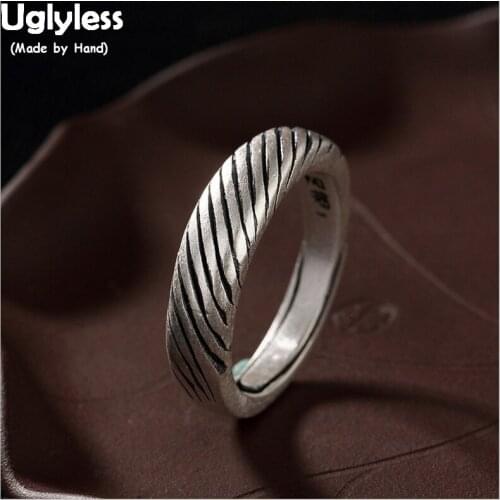 Uglyless Real 990 Silver Fine Jewelry Women Retro Handmade Carved Stripes Finger Rings Thai Silver Nepal Open Ring Ethnic Bijoux