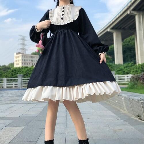 Japanese Style 2021 Spring WomenS Dresses High Waist Slimming Contrast-Color Ruffled Sweet Lolita Dress Kawaii Clothing