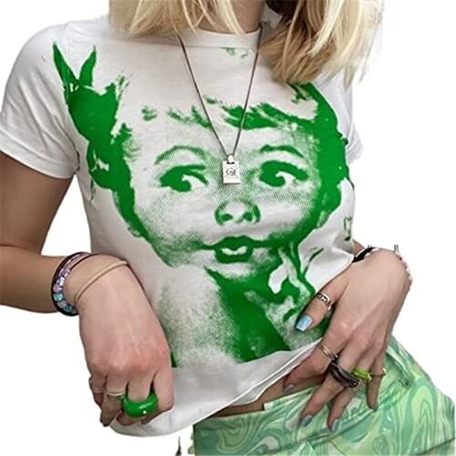 Xingqing Abstract Graphic Print Tops for Women Short Sleeve Scoop Neck Crop Top 90S Y2k Shirts Aesthetic Streetwear Tank Tops