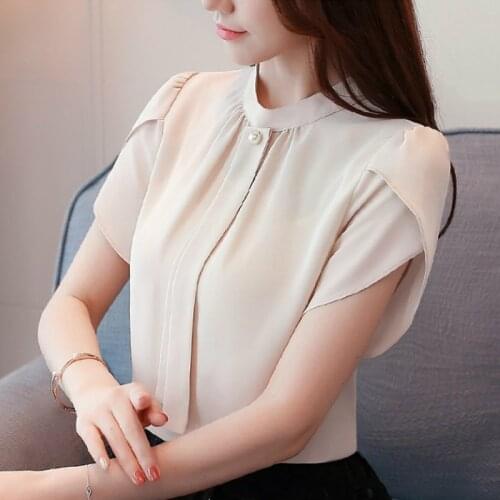 Womens Tops And Blouses Stand Collar Office Blouse Women Short Sleeve Chiffon Women Blouse Shirt Womens Tops And Blouses B181