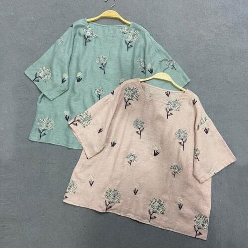 Johnature New Summer Embroidery Print Women Tops 2021 Vintage Loose Linen Japanese O-neck Simple Female Shirts