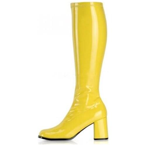 Women Winter Boots Yellow Shinny Leather Round Toe Square Heel Knee High Boots Women Low Heels Lady Motorcycle Ridding Boot