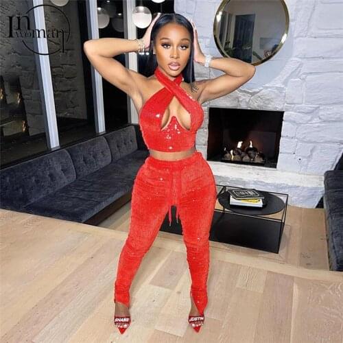 INWOMAN New Autumn Sexy 2 Two Piece Sets Women Outfits 2021 Halter Backless Crop Top Bandage Pants Suits Bodycon Matching Sets
