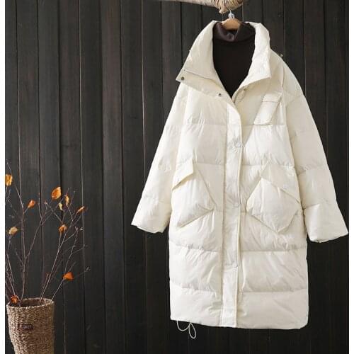 Vintage Stand Collar Loose Thicken White Duck Down Jackets 2021 Winter Patchwork Pockets Women Down Coats Elegant Female Jackets