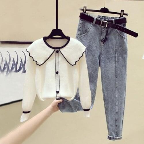 Autumn Women Sets Fashion Knitted Cardigan and High Waist Denim Pants Suits Female Pocket Jeans Solid Sweater 2 Piece Set Q688