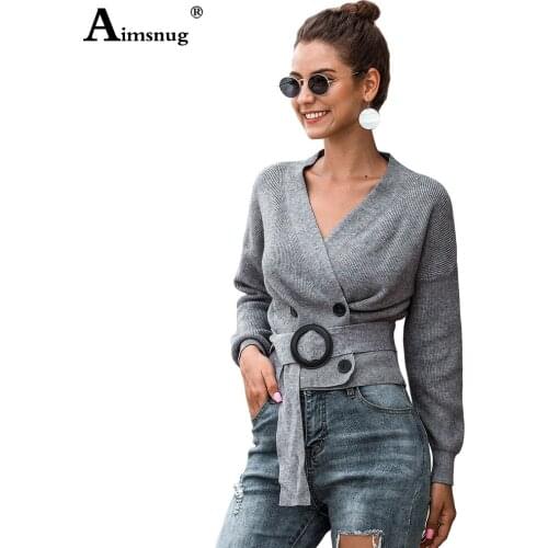 Women Crop Top Sweaters Autumn 2020 Casual Sashes V-neck Lace-up Cris Cross Knitted Sweater Femme Winter Warm Clothes Cardigans