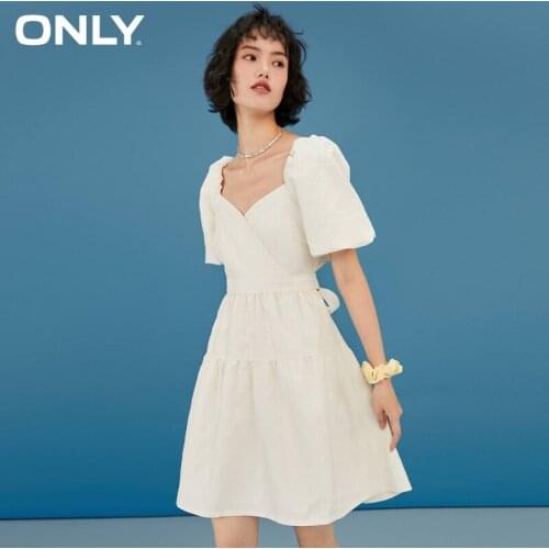 ONLY2021 summer new French retro puff sleeve V-neck A-line short dress female | 121307044