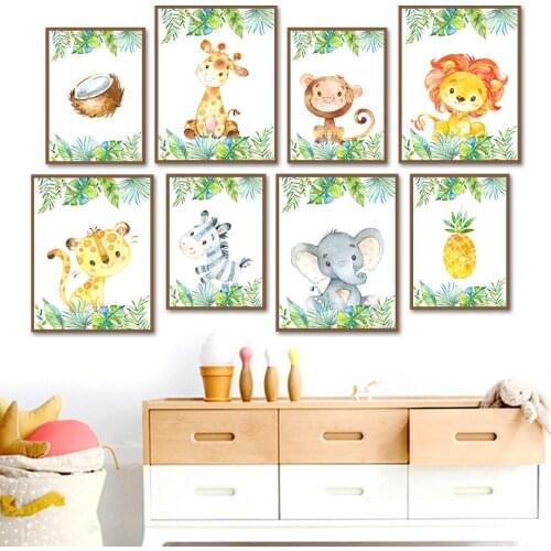 Kawaii Giraffe Monkey Lion Elephant Zebra Tiger Wall Art Canvas Painting Nordic Posters And Prints Wall Pictures Kids Room Decor