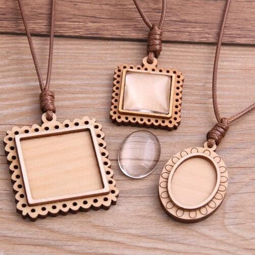 2pcs 3 style Wood Cabochon Settings Blank Cameo Pendant Base Trays With Leather Cord For Jewelry Making