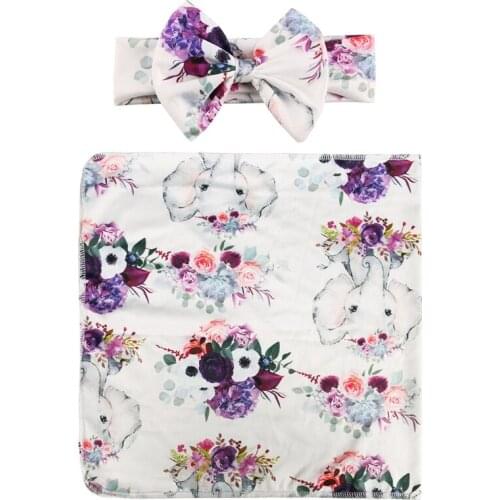 Newborn Baby Receiving Blanket Headband Set Infant Floral Printing Swaddle Wrap