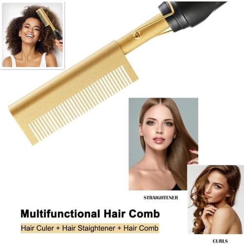 2 IN 1 Professional Electric Hair Straightener Comb Hot Heating Hair Curler Comb Wet Dry Use Hair Flat Irons Straightening Brush