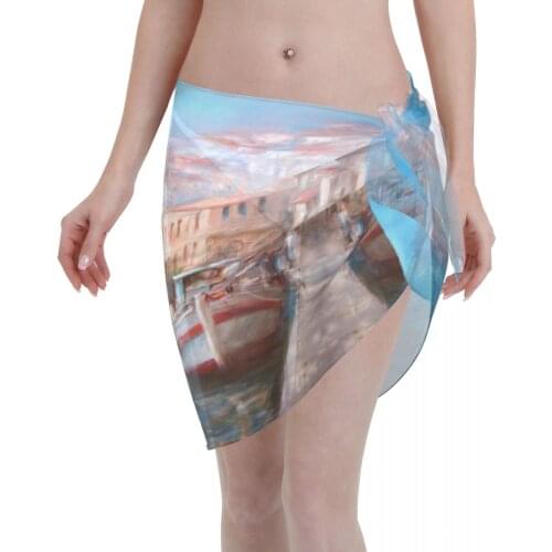 2021 Women Swimwear Pareo Scarf Bikini Cover-Ups Wrap Kaftan Sarong Beach Sexy Skirts Boats On Island Harbor Swimsuit Cover-Ups