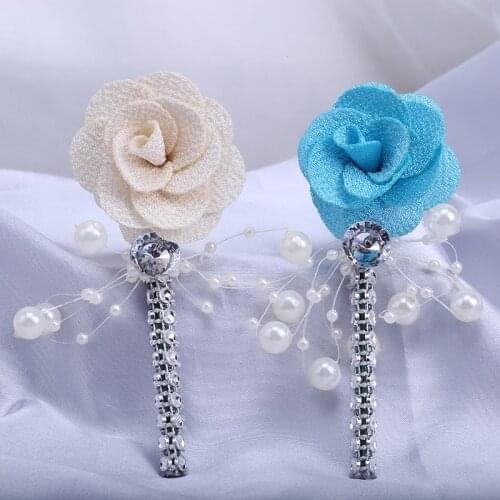 European Style Groom Suit Lapel Pin Pearl Rhinestone Fabric Flower DIY Mens Corsage Party Business Clothing Accessories XH054Z