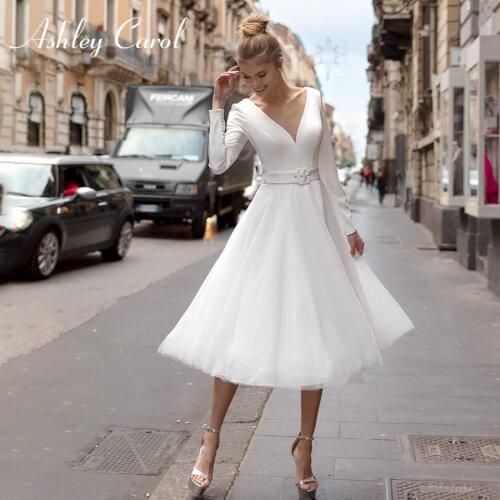 Ashley Carol Short Wedding Dress 2021 Elegant Satin Long Sleeve Bridal Gown Backless V-neck Button A-Line Party Bridal Dresses