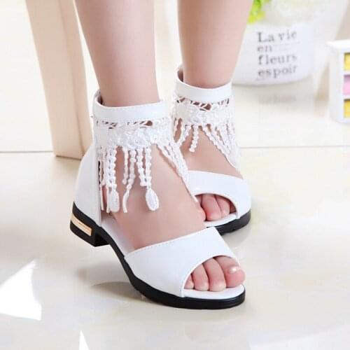 Summer Girls Sandals Fashion Tassel Lace Kids Sandals New Fish Mouth Princess Shoes Black White Pink Size 27-36 A858