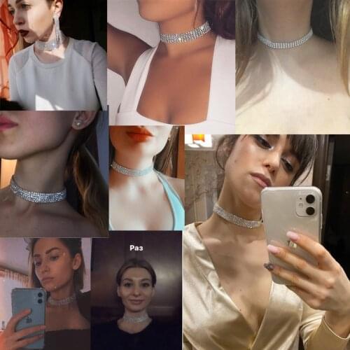 Fashion Women Shiny Rhinestone Transparent Colorful Optional Silver Color Alloy Chain Choker Necklace Women Party Accessories