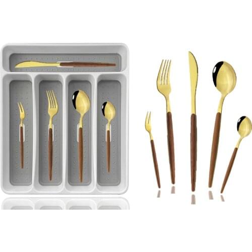 30Pcs Gold Cutlery Set Wooden Handle Dinnerware Stainless Steel Tableware Knife Fork Spoon Flatware With Plastic Storage Tray