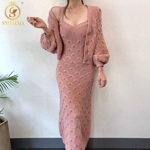 New Autumn Winter Korean Style Jacquard Knitted Two Piece Spaghetti Strap Dresses Set Women Lantern Sleeve Sweater Cardigan Coat