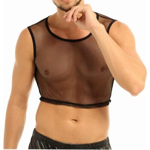Sissy Gays Crossdresser Clothes Sheer Top Exotic Tanks Lingerie Men Sleeveless See-through Mesh Fishnet Muscle Tank Top T-Shirt