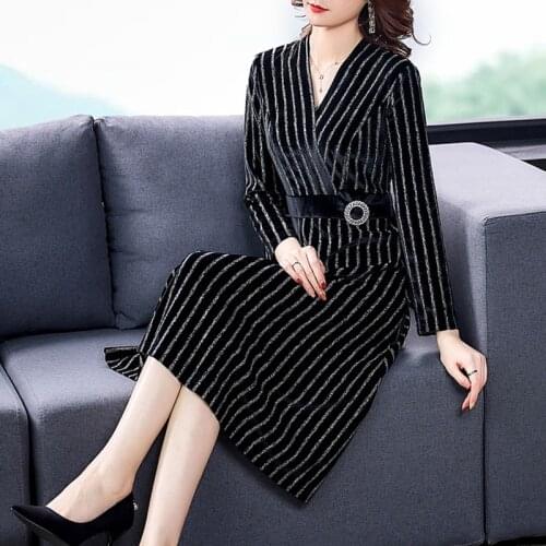 Autumn Vintage Office Black Striped 4XL Plus Size Midi Dress 2021 Winter Casual Korean Dress Women Elegant Bodycon Party Vestido