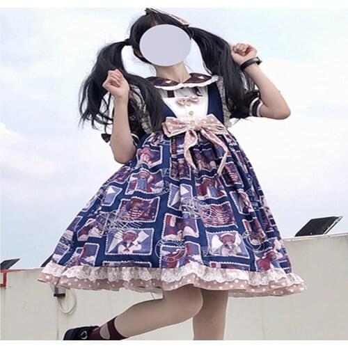 Princess tea party sweet lolita dress retro lace bowknot high waist cute printing victorian dress kawaii girl gothic lolita jsk